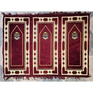 Islamic Prayer Mat Rug Musallah Janamaaz Large 3 Person Burgundy Kaaba Turkey